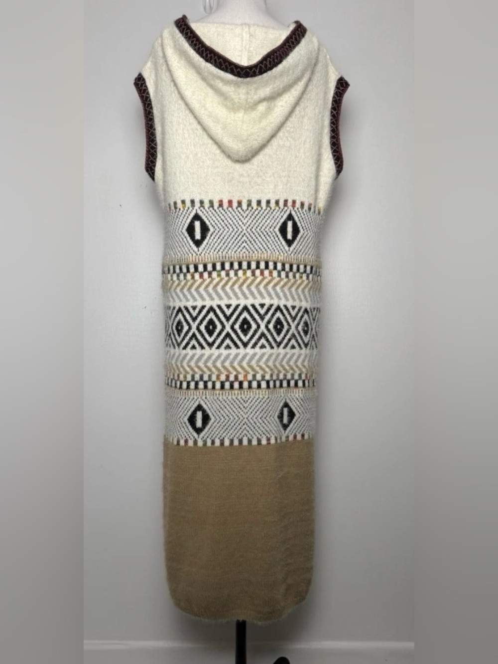Aztec Southwestern Hooded Long Sweater Duster Vest S/M